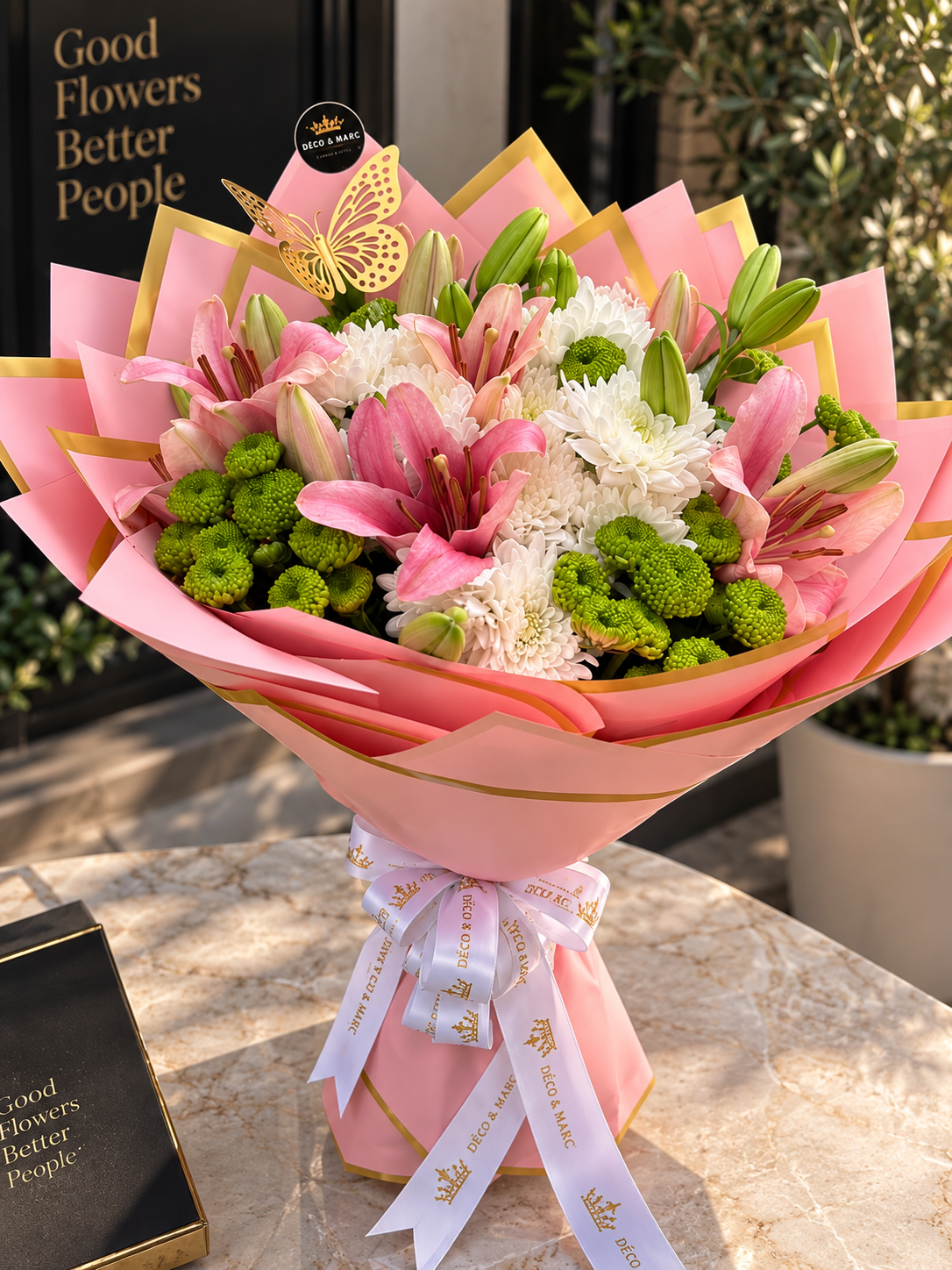 Blush Pink Lily, White Mums & Green Button Chrysanthemums Bouquet