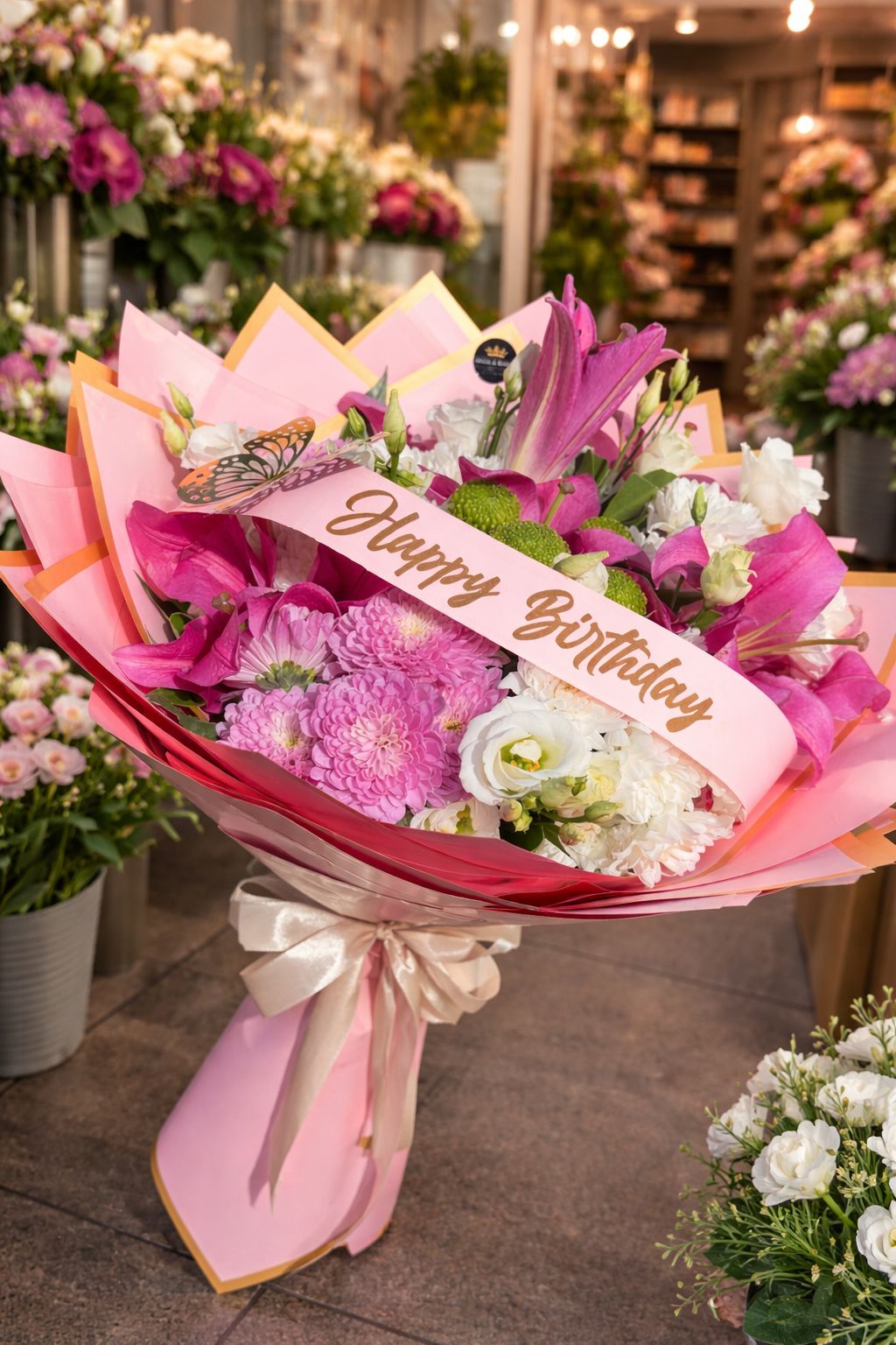 Luxury Pink "Happy Birthday" Flower Bouquet