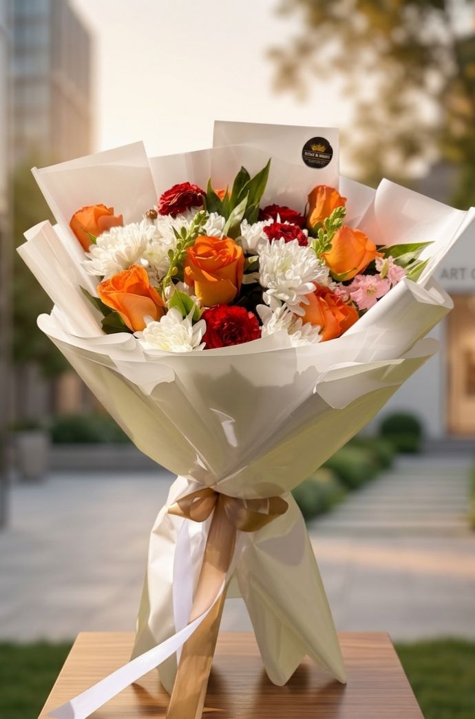 Bouquet de fleurs multicolores élégant dans un emballage raffiné
