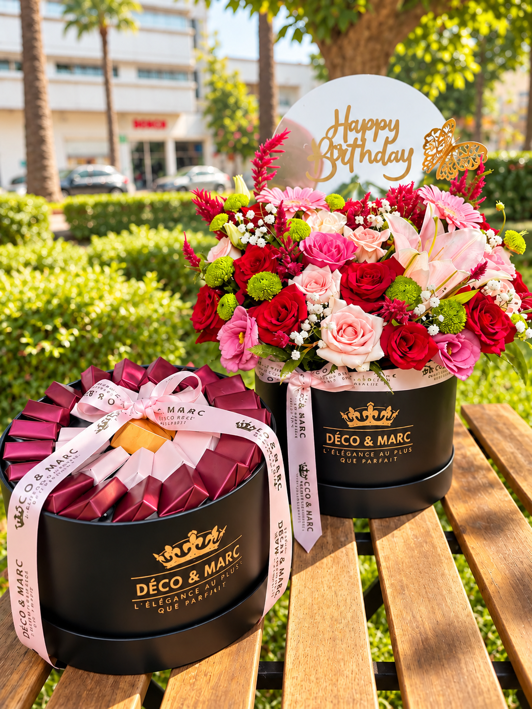 "Happy Birthday" Gift Set – Flowers, Mirror, and Belgian Chocolate