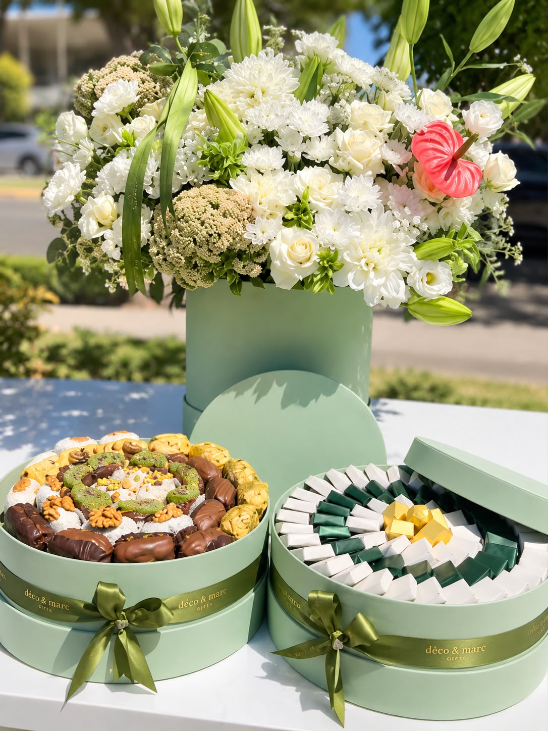 Coffret Prestige Chocolat, Dattes & Composition Florale