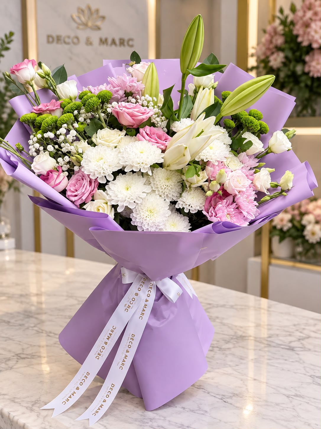 Bouquet Élégance – Lys, Roses, Lisianthus & Chrysanthèmes